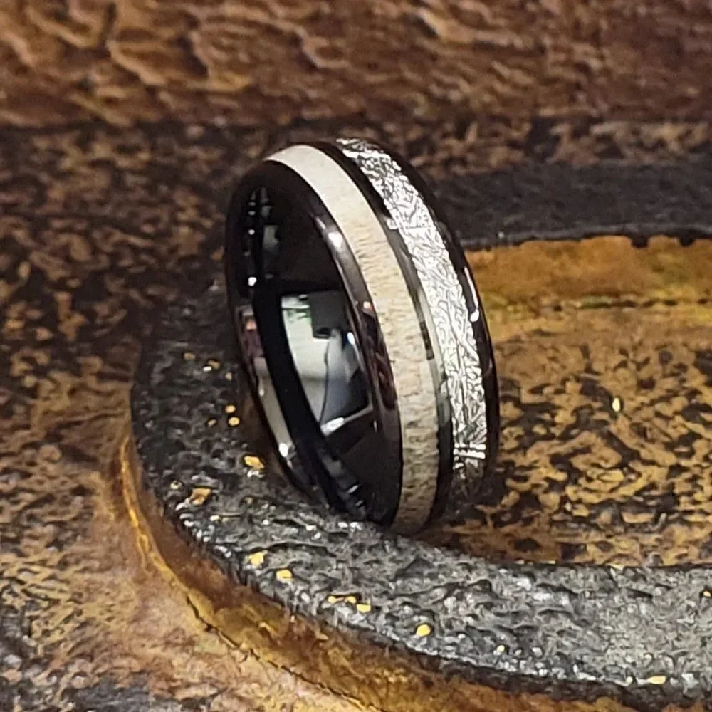 Personalized Men's Real Black Tungsten Wedding Ring Meteorite Deer Antler Inlays